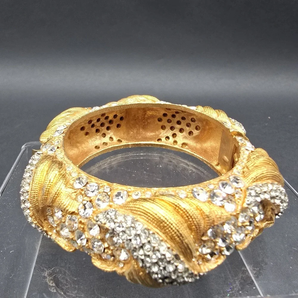 Vintage Cadoro Textured Gold Tone Wide Metal Bangle Bracelet Rhinestone Hinged